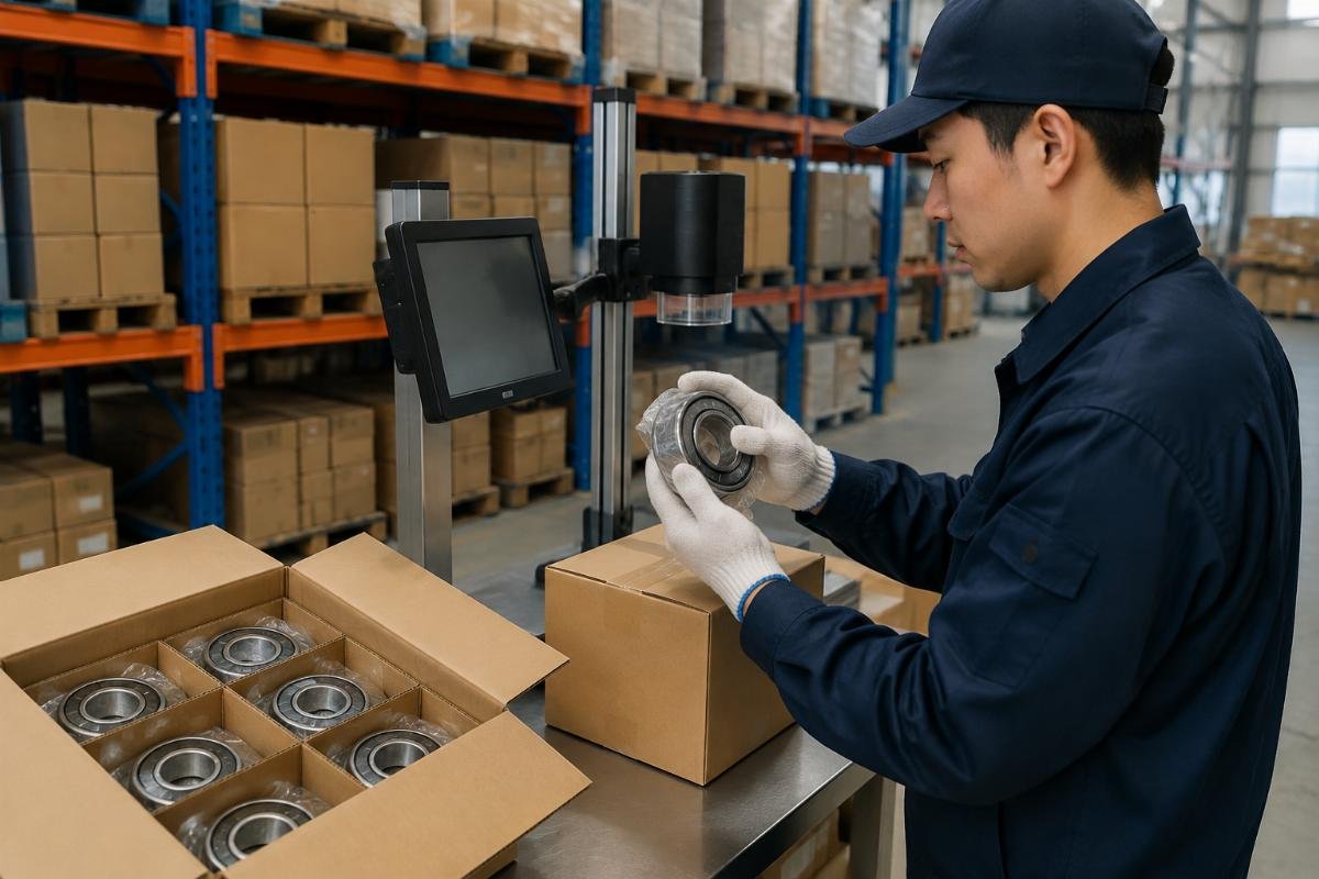 Warehouse operation showing bearing packaging verification and batch code inspection