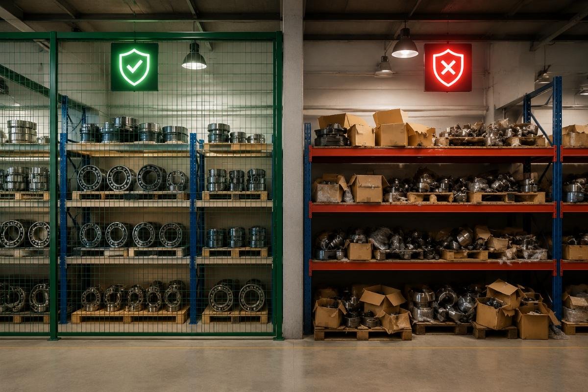 Warehouse segregation system showing authorized genuine bearing storage versus non-verified stock