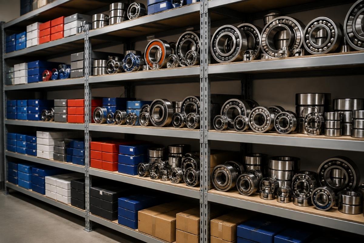 Warehouse shelf with organized wheel bearing inventory labeled by brand and cross-reference code
