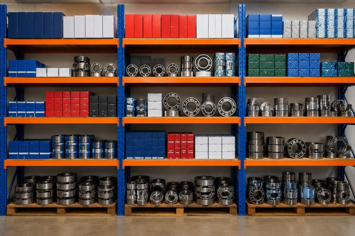 Warehouse shelf with organized wheel bearing inventory labeled by brand and cross-reference code