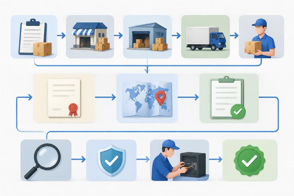 Warranty claim documentation flowchart showing required invoice chain, certificate of origin, and authenticity verification steps