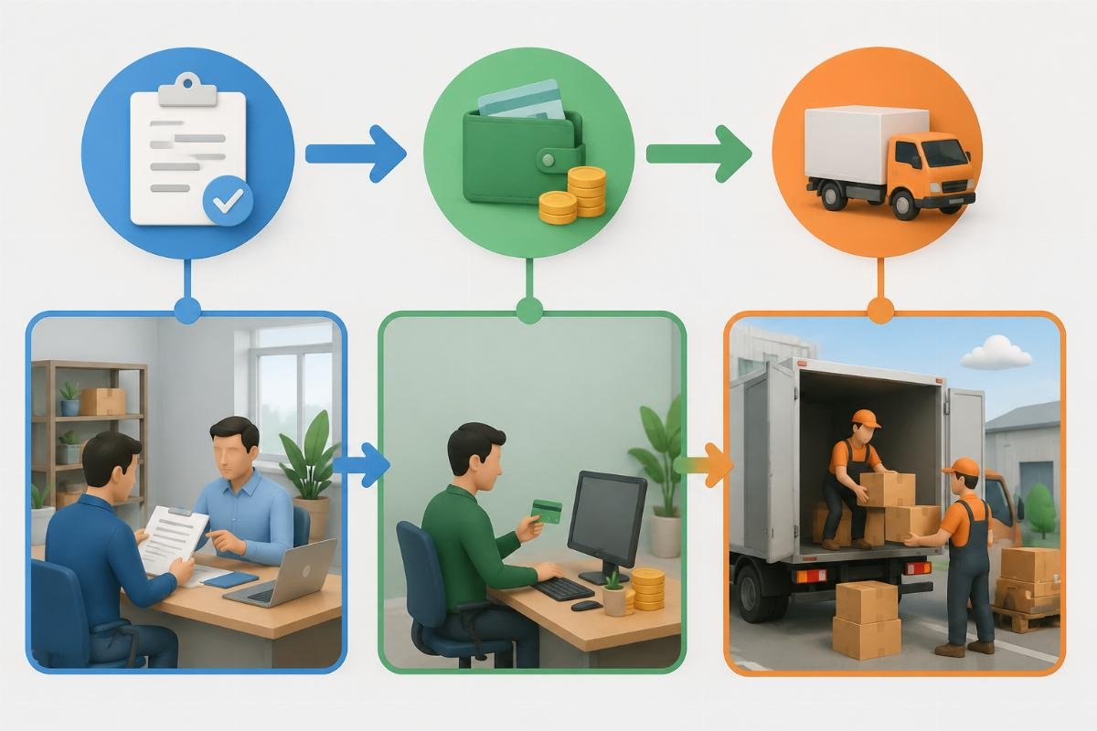 Wholesale procurement process flowchart showing documentation, payment, and delivery stages
