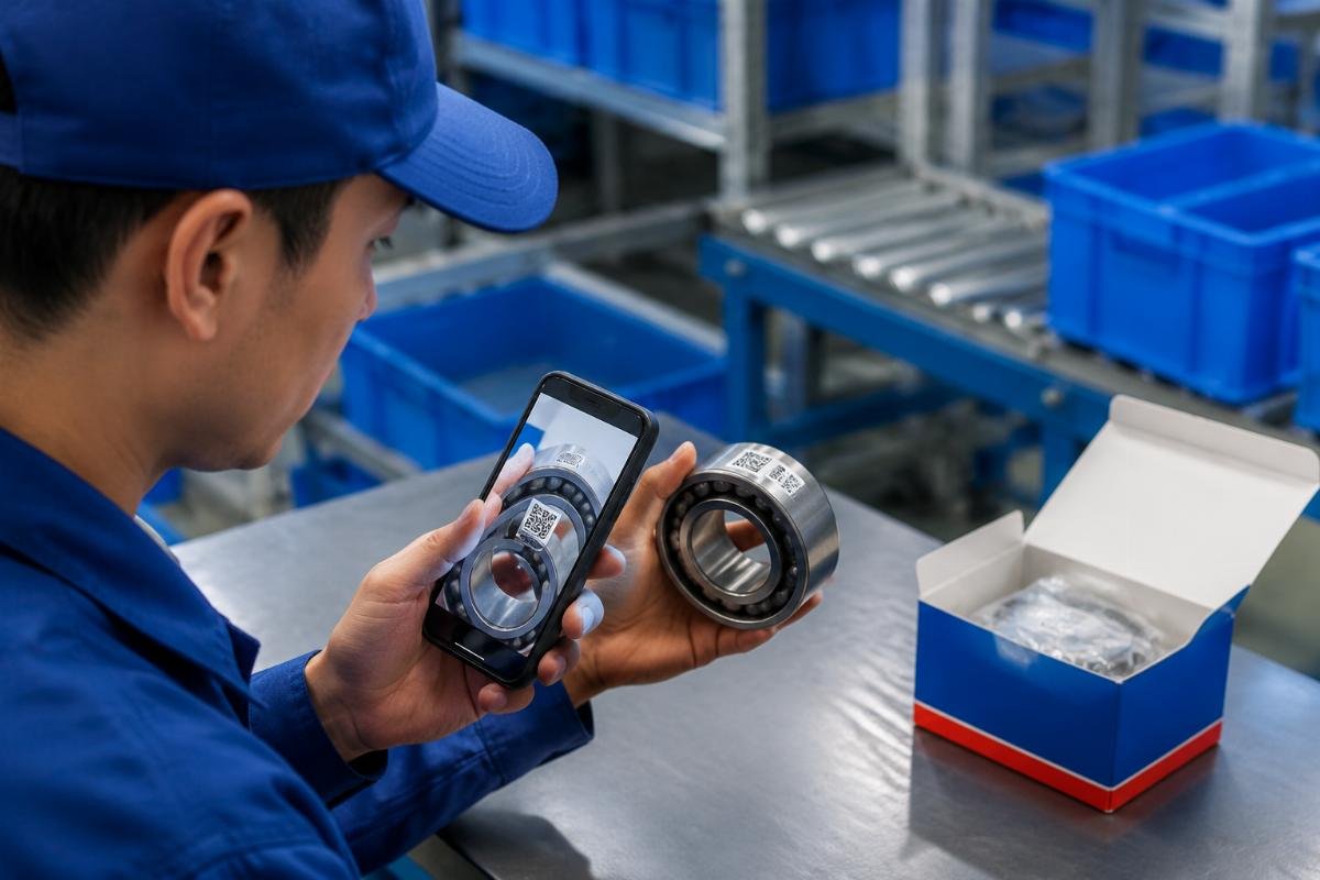 Worker scanning SKF bearing QR code with smartphone for authenticity verification