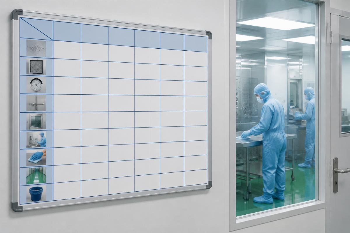 Workshop contamination control checklist board with scheduled inspection items